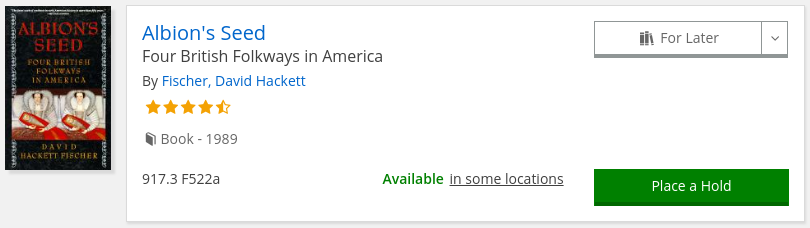 Availability of _Albion's Seed_ at the San Francisco Public Library. Shows "Available in some locations"